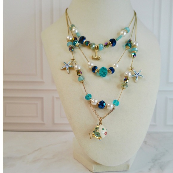 Retired Betsy Johnson Ocean Themed Puffer Fish Layered Necklace Gold Tone - Picture 4 of 6